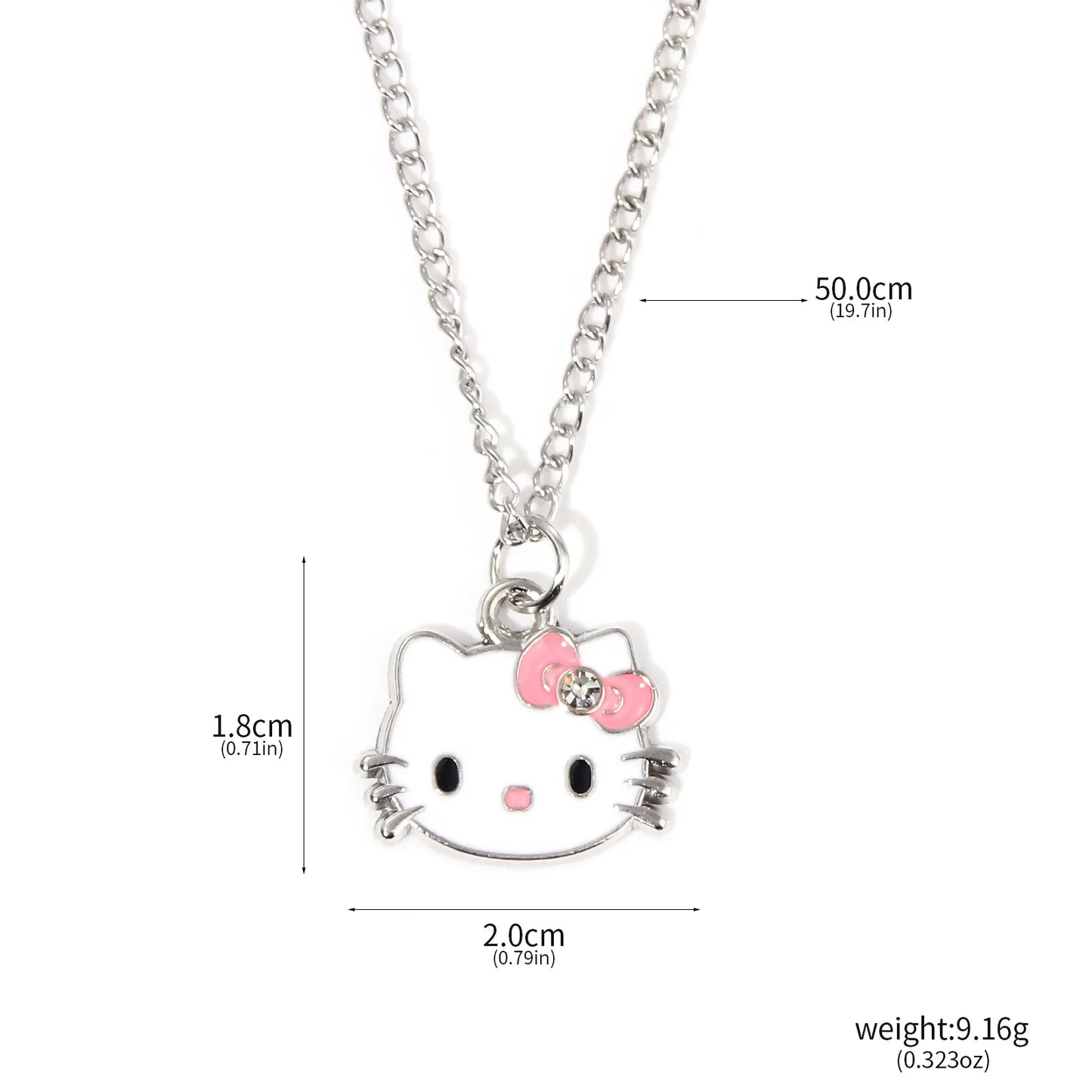 Hello Kitty necklace with measurements on a white background