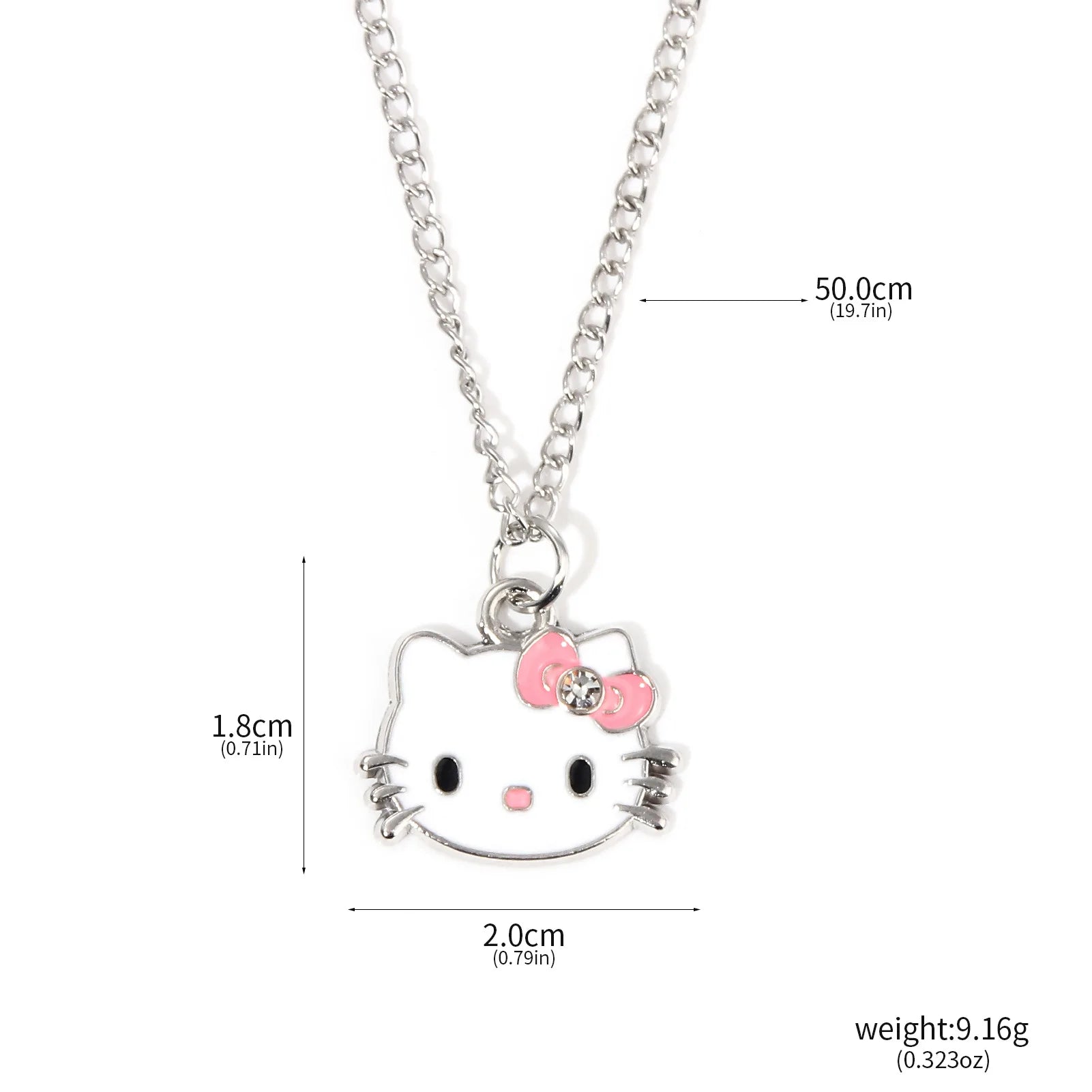 Hello Kitty necklace with measurements on a white background