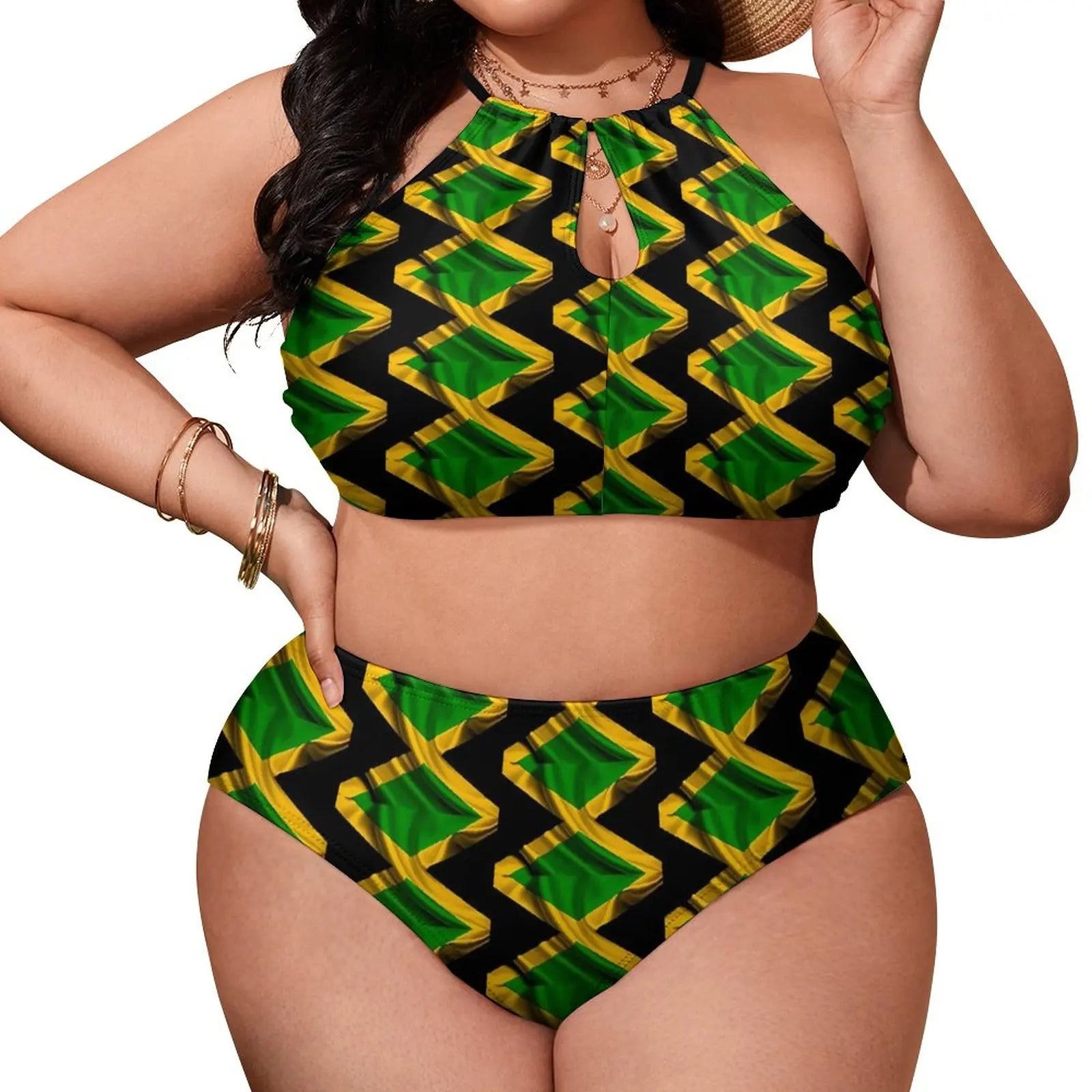 Woman wearing a green and black patterned two-piece outfit on a white background