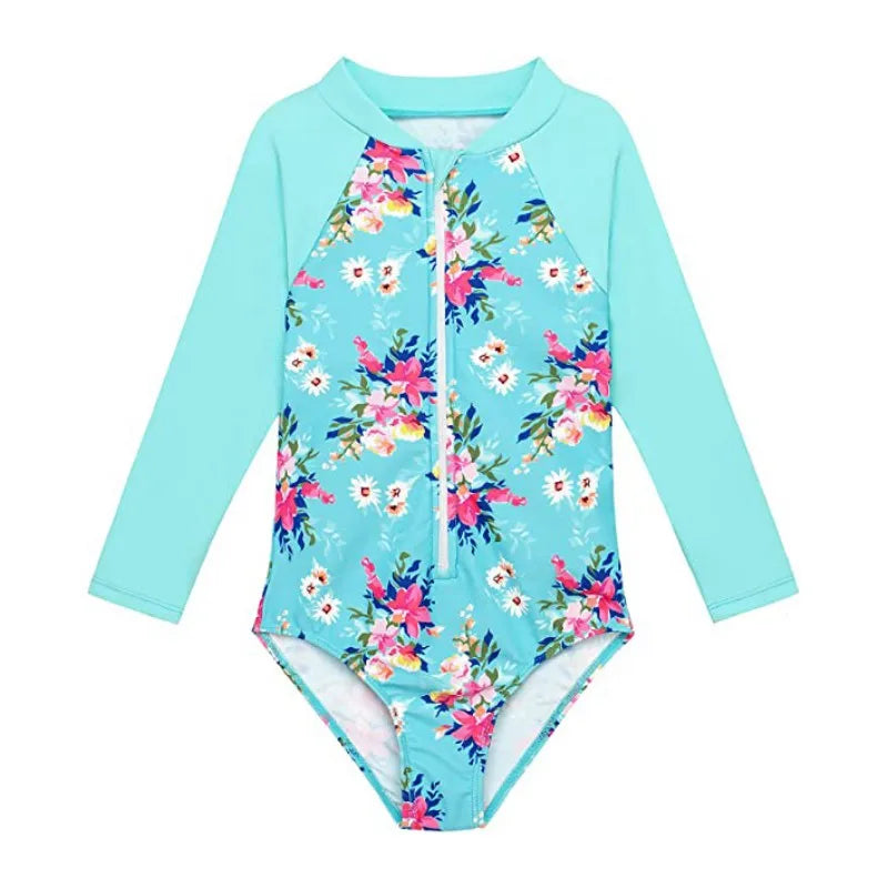 Children's floral swimsuit with long sleeves on a white background