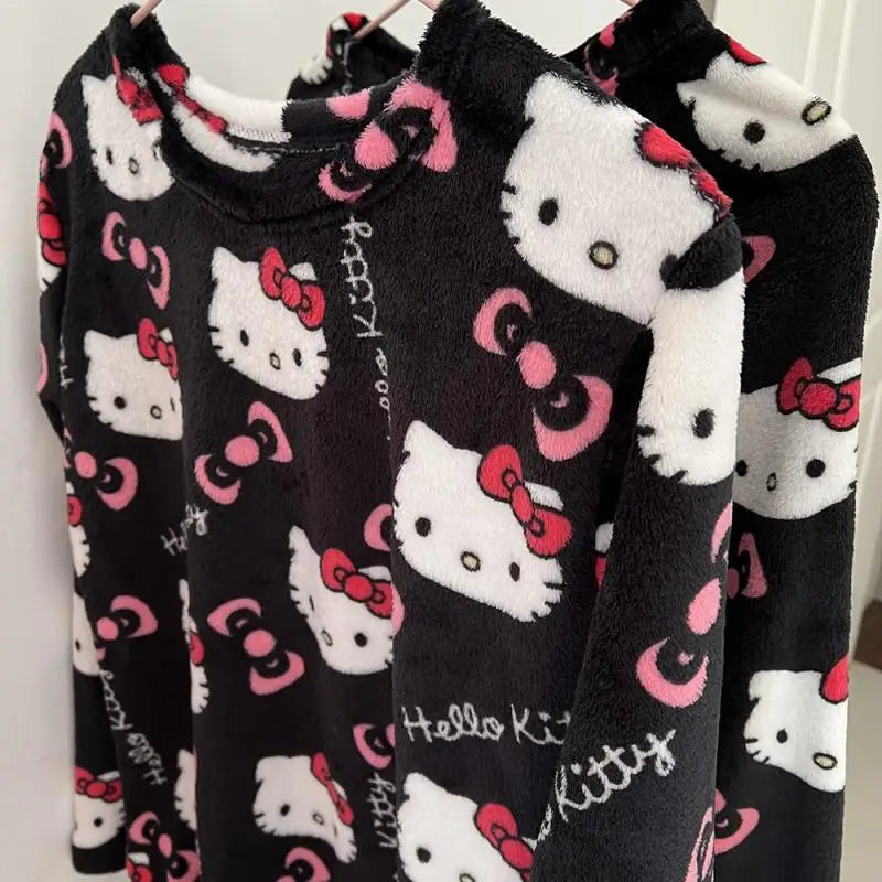 Black fleece fabric with Hello Kitty pattern on a white background