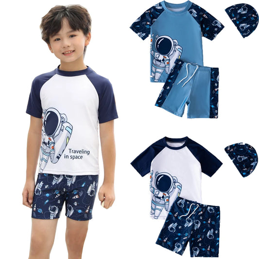 Child wearing a space-themed swimsuit with matching hat, surrounded by additional outfits on a white background.
