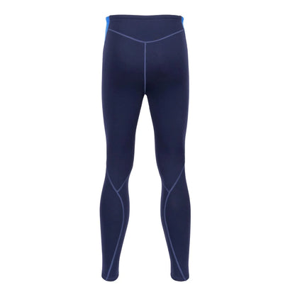 Navy blue compression leggings with white accents on a white background