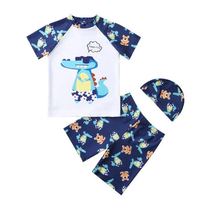 Children's swim set with navy and white top, shorts, and hat featuring cartoon characters on a white background.