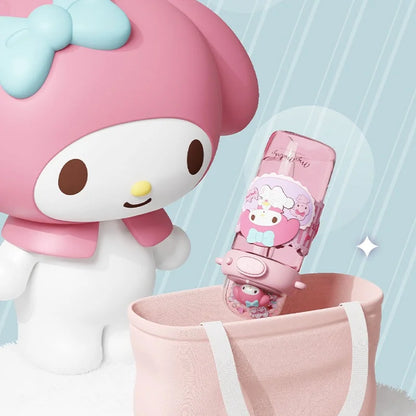Cartoon character with a pink bottle and pouch on a light blue background