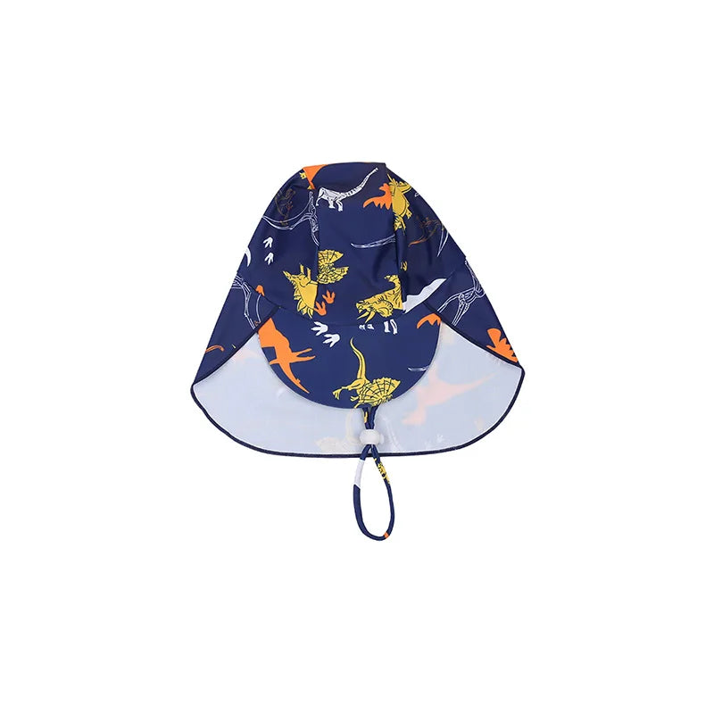 Navy bucket hat with dinosaur pattern on a white background
