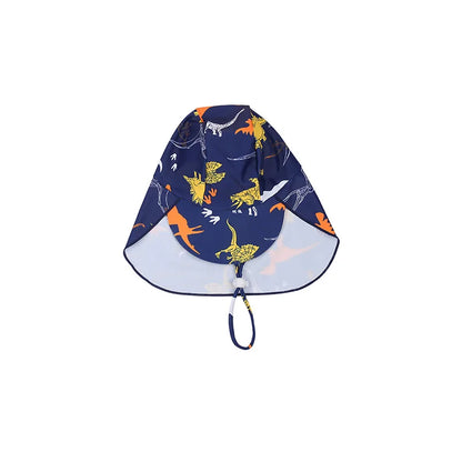 Navy bucket hat with dinosaur pattern on a white background