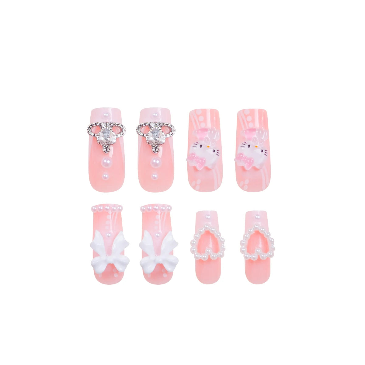 Set of pink nail art designs with decorative elements on a white background