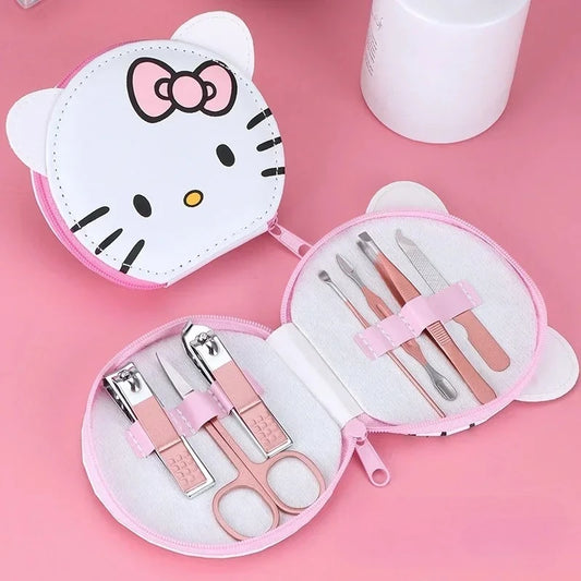 Manicure set with Hello Kitty case on a pink background