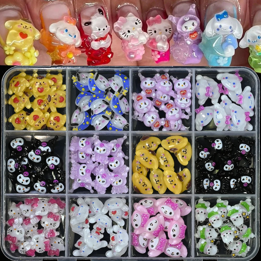 Collection of colorful resin charms in a clear plastic organizer.