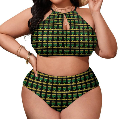 Woman wearing a green and black patterned bikini set on a white background