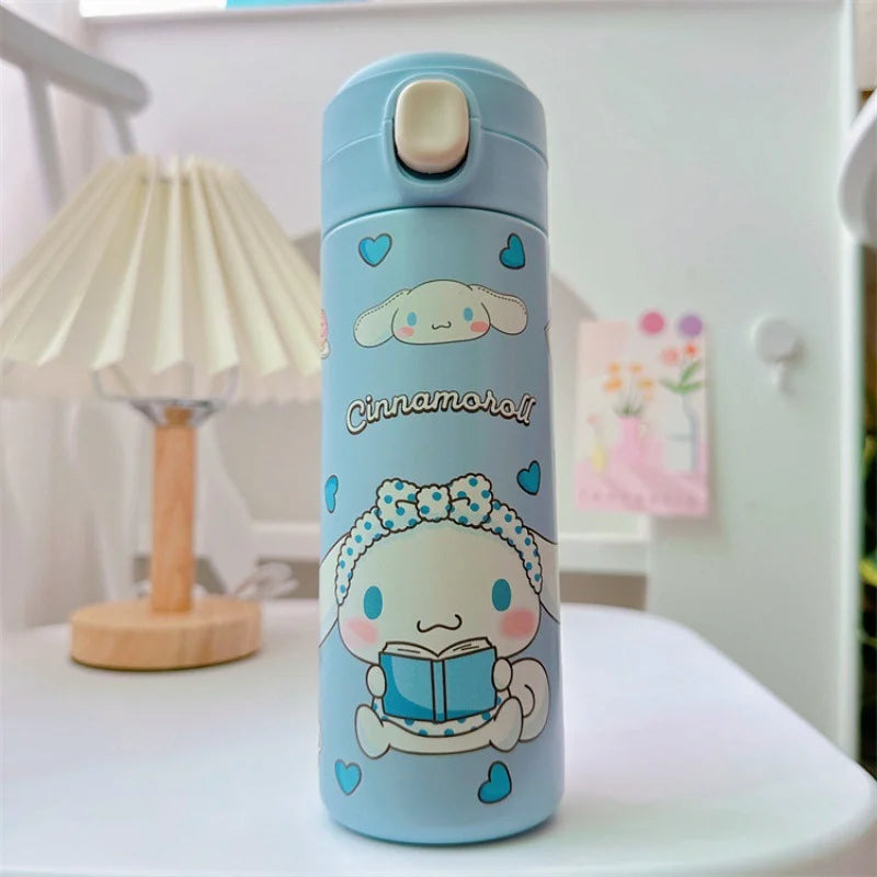 Cinnamoroll-themed water bottle on a white surface with a lamp and wall decorations in the background.
