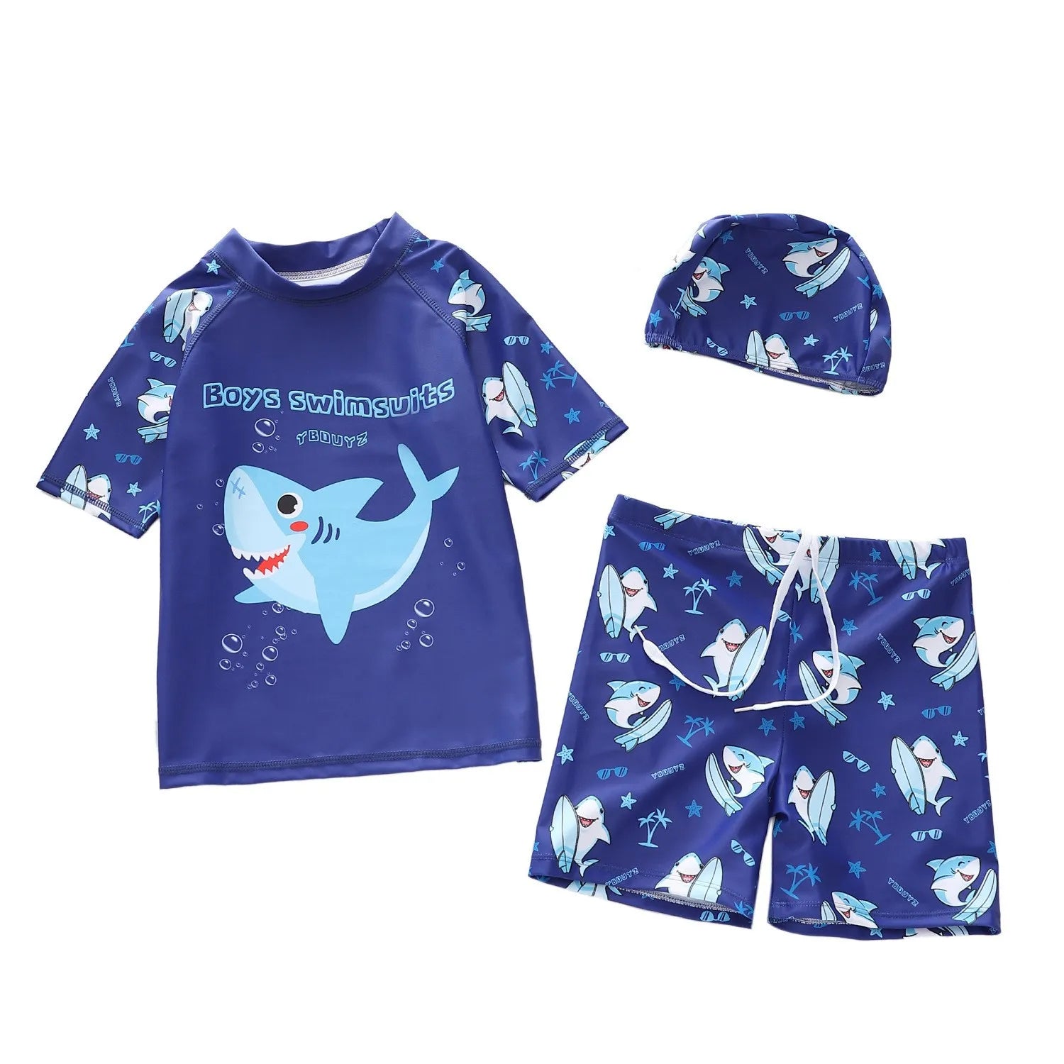 Blue boys' swim set with shark design on a white background