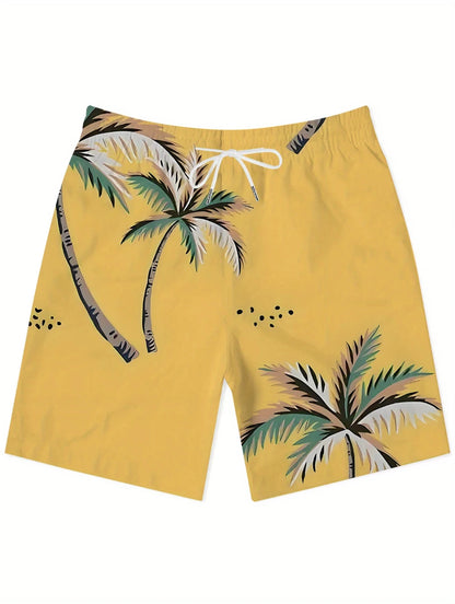 Yellow shorts with palm tree design on a white background