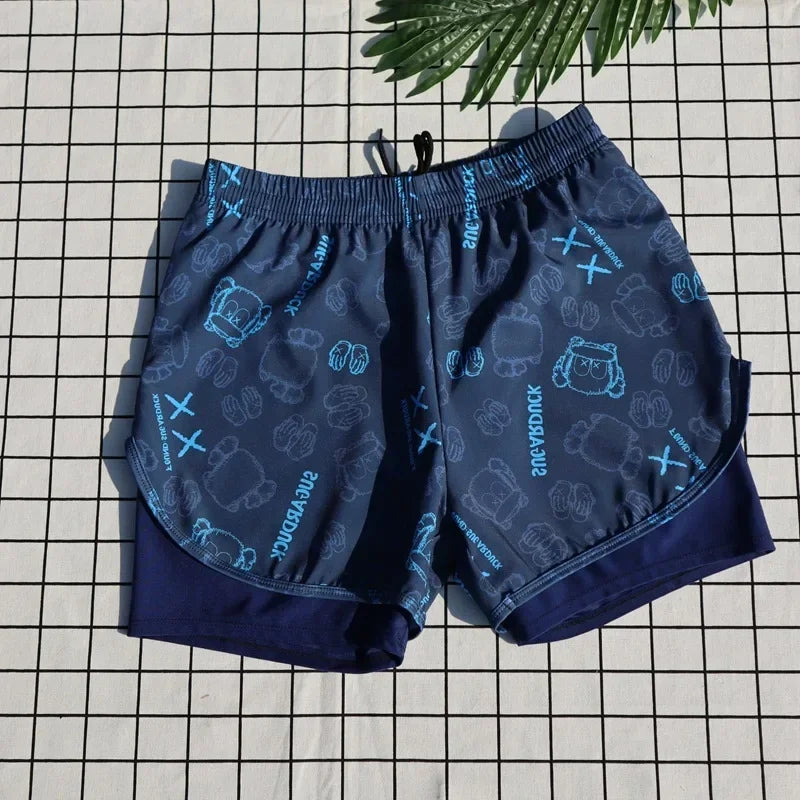 Blue shorts with a pattern on a grid background