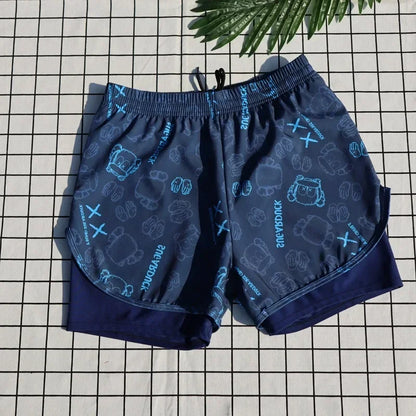 Blue shorts with a pattern on a grid background