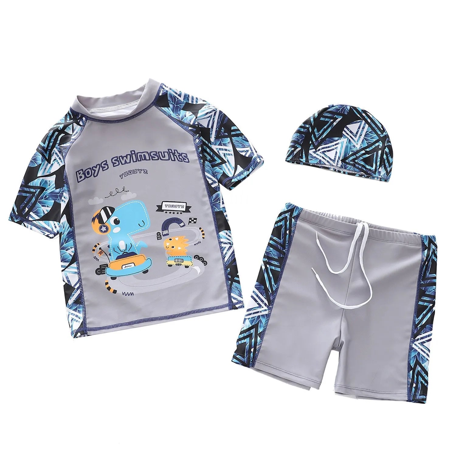 Children's swim set with shirt, shorts, and cap on a white background