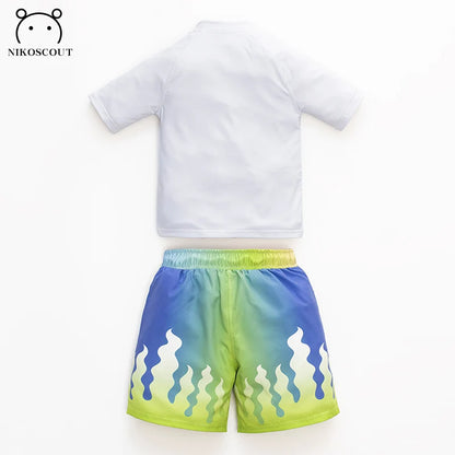 Children's white shirt and colorful shorts set with Nikoscout branding on a white background
