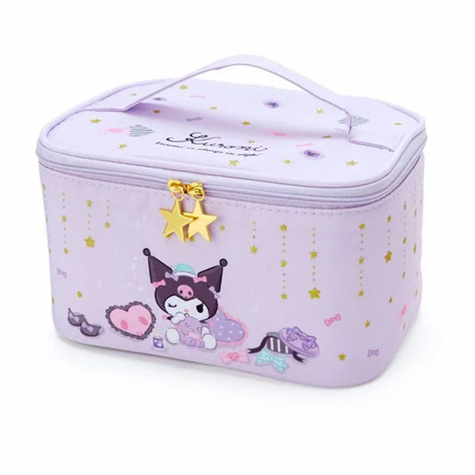 Purple cosmetic bag with cartoon character and star design on a white background