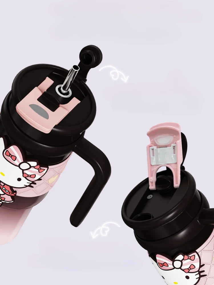 Two cartoon-themed water bottles with black lids and pink accents on a light gray background.
