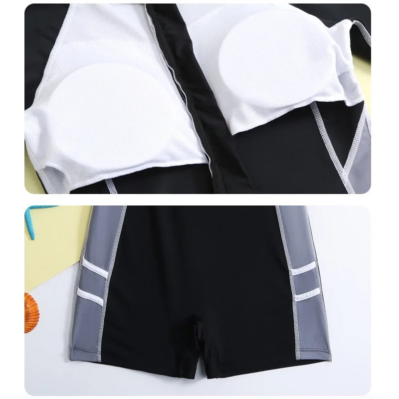 Two views of a black and white outfit with reflective stripes on a white background.