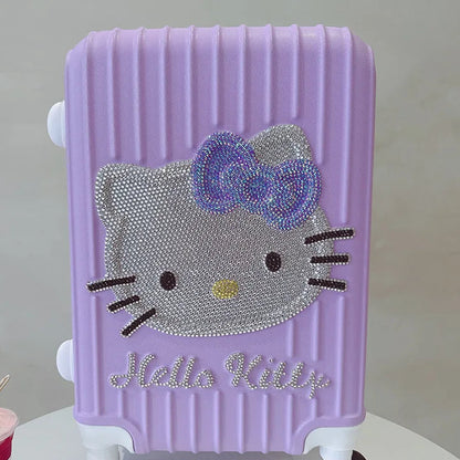 Purple suitcase with Hello Kitty design on a white surface