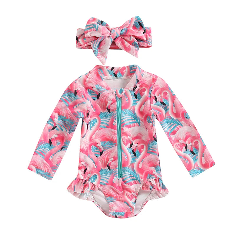 Flamingo-patterned swimsuit with a matching headband on a white background