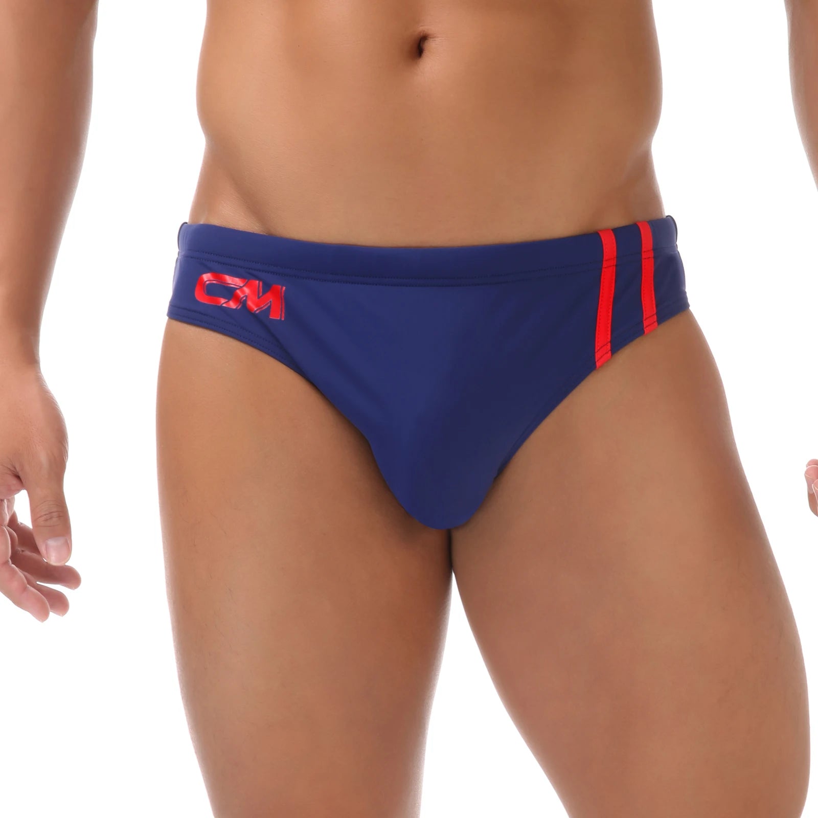 Blue swim brief with red accents on a white background
