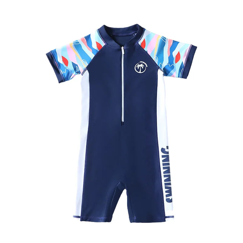 Navy blue swimsuit with colorful sleeves and branding on a white background