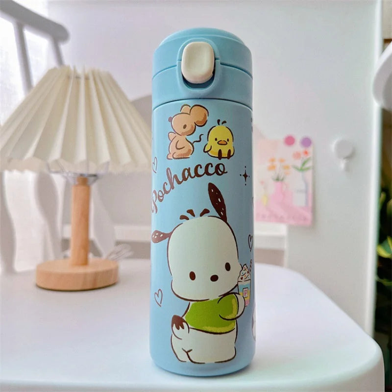 Children's water bottle with cartoon design on a white surface