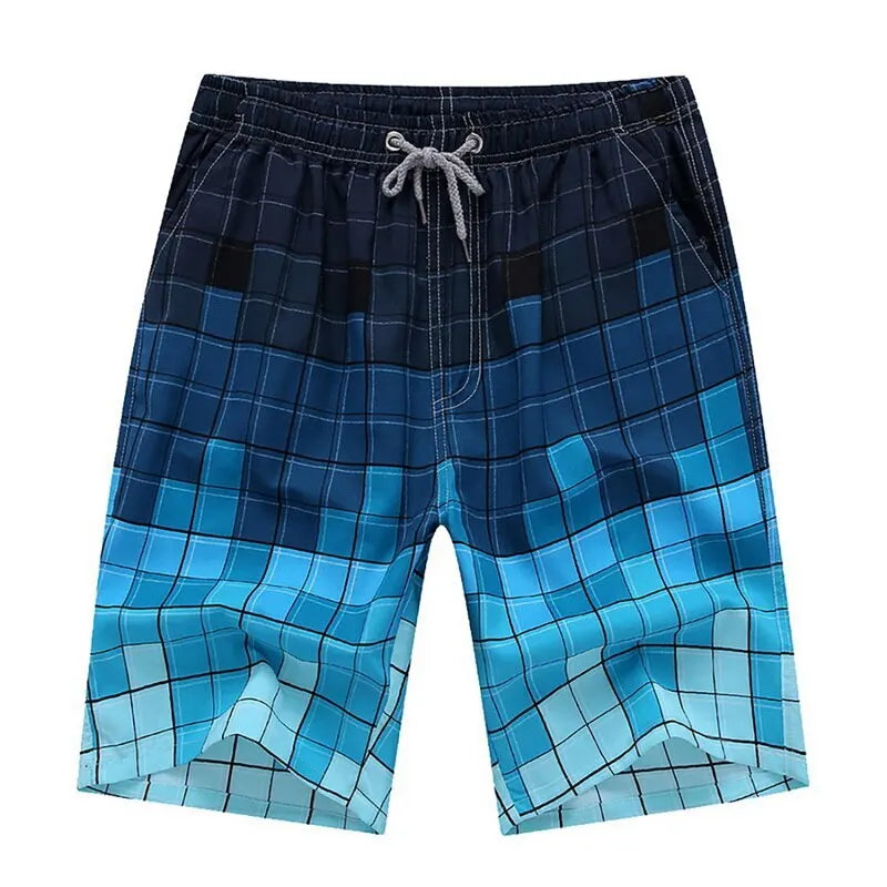Blue plaid shorts on a white background