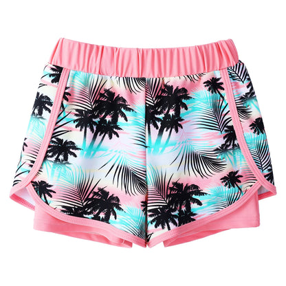 Shorts with palm tree pattern and pink trim on a white background