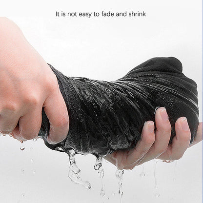 Person holding a black garment under running water with text 'It is not easy to fade and shrink'.