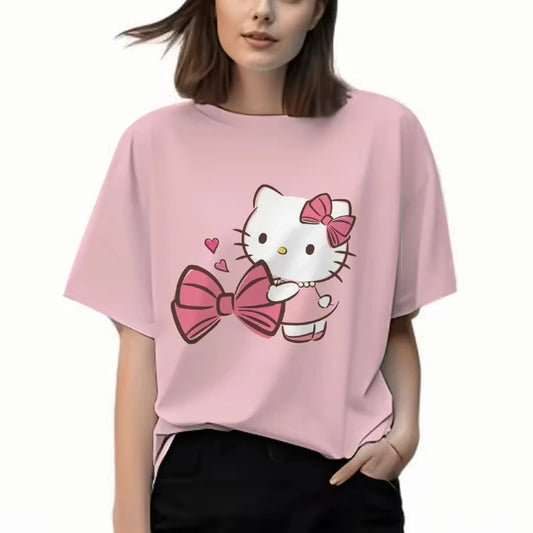 Person wearing a pink t-shirt with a cartoon character design on a white background