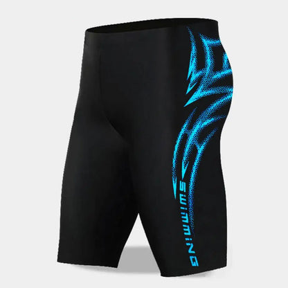 Black swim shorts with blue graphics and 'Speedo' branding on a light gray background