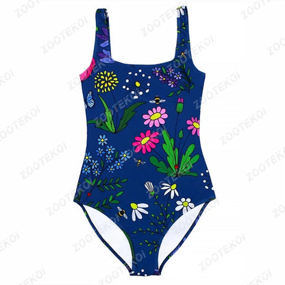 One-piece swimsuit with floral design on a white background