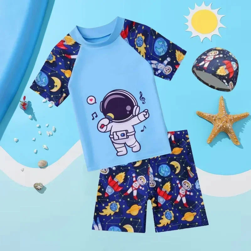 Children's swimsuit set with astronaut design on a blue background
