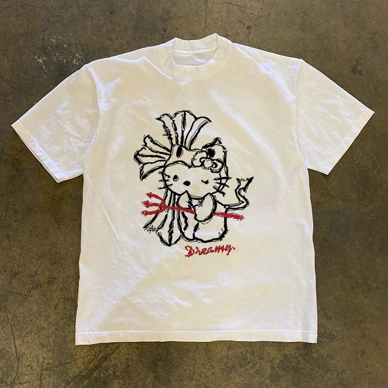 White t-shirt with a graphic design on a textured brown surface