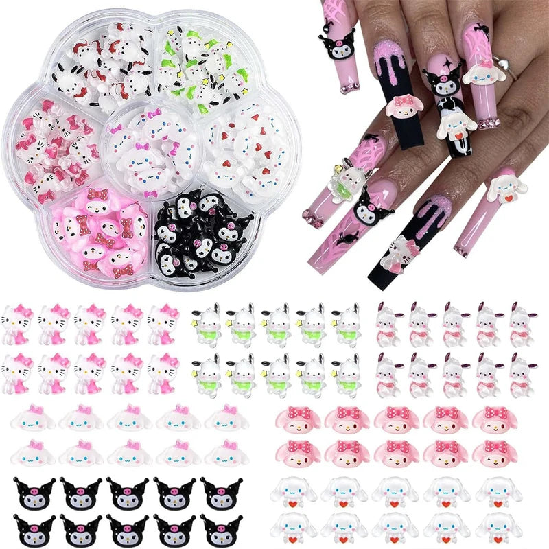 Set of cartoon-themed nail art decorations including a container with various designs and examples on nails.