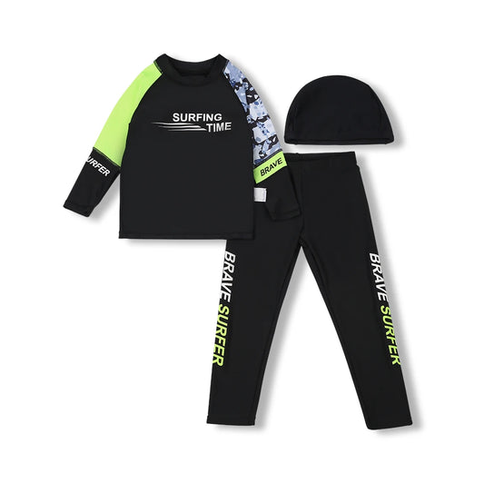 Children's surfing outfit with black rash guard, pants, and hat on a white background