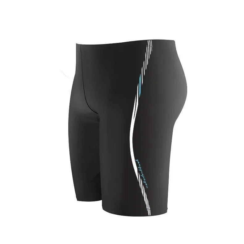 Black swim shorts with a white and blue stripe on a white background