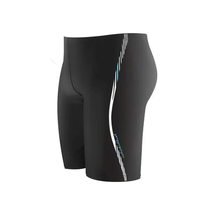 Black swim shorts with a white and blue stripe on a white background