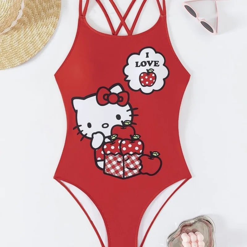 Red swimsuit with Hello Kitty design on a white background