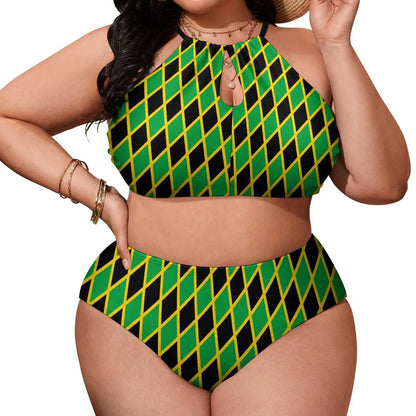 Woman wearing a green and black patterned two-piece swimsuit on a white background
