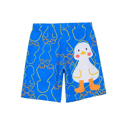 Blue shorts with a cartoon duck design on a white background