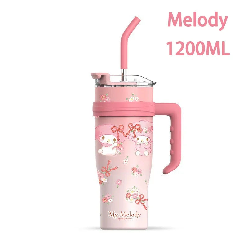 Pink tumbler with handle and straw lid on a white background, featuring 'My Melody' design.