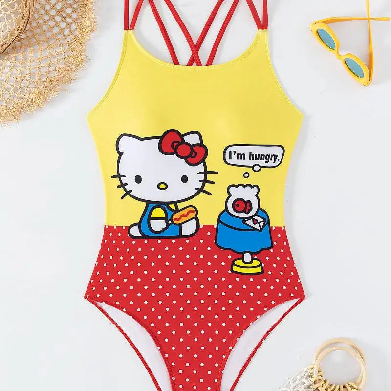 Yellow and red swimsuit with cartoon character on a white background