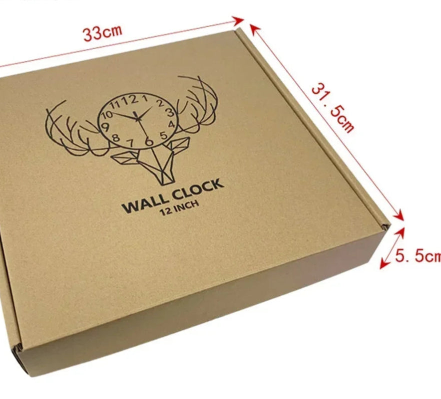 Kraft paper box with wall clock design and dimensions on a white background