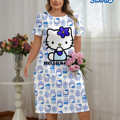 Woman wearing a Hello Kitty dress with a floral arrangement in a room.