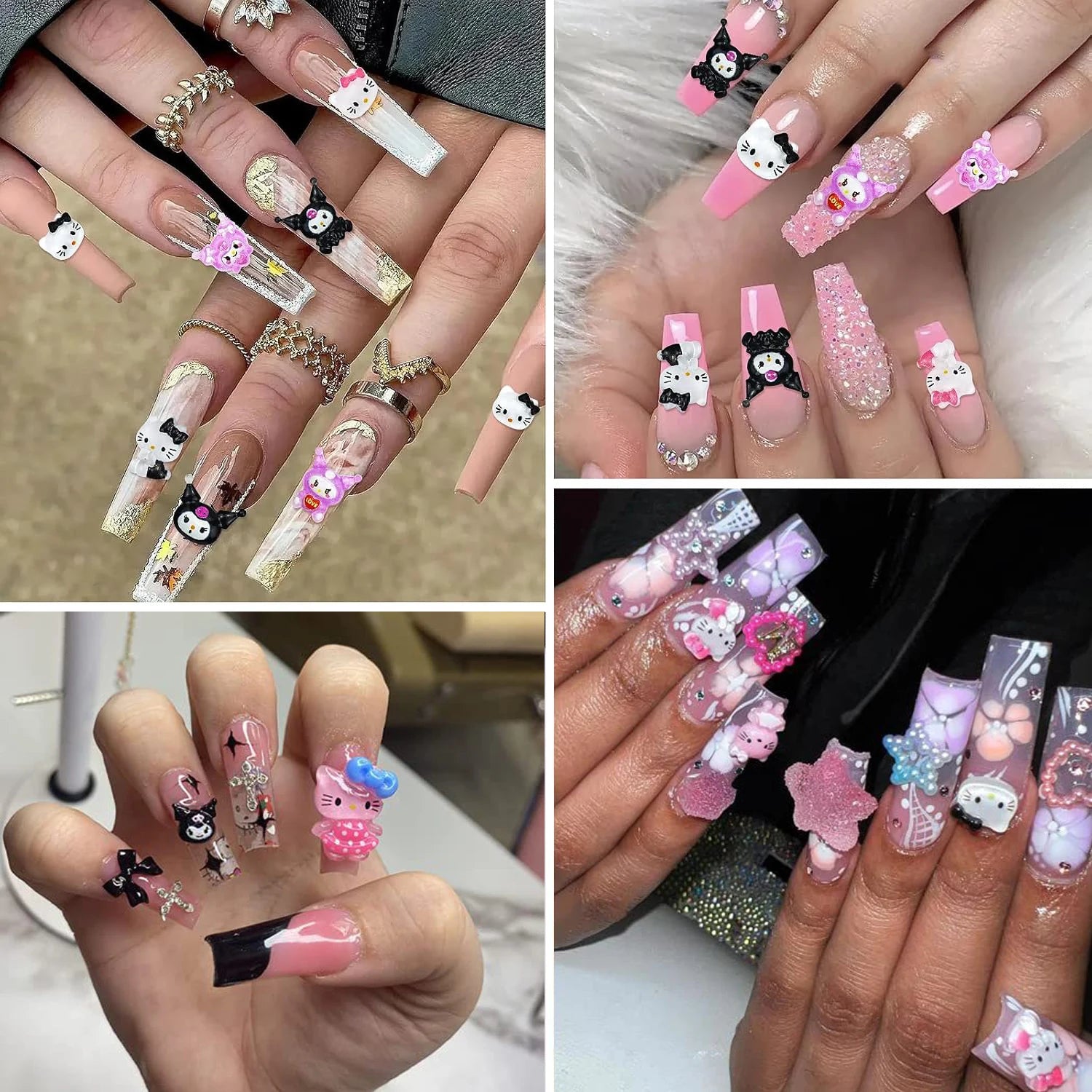 Collage of hands with decorative nail art featuring cartoon characters and colorful designs.